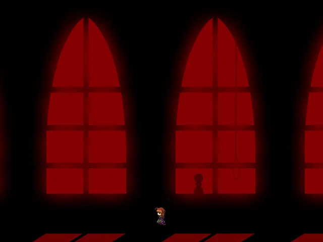 Fausts Alptraum screenshot: the tiny girl alone on a floor in front of tall glowing red arched windows, a shadow figure beside her