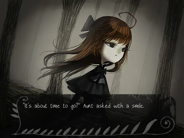 Fausts Alptraum screenshot: a pale girl with dark hair and a bow in a grey sketched scene, with the line It's about time to go, Aunt asked with a smile