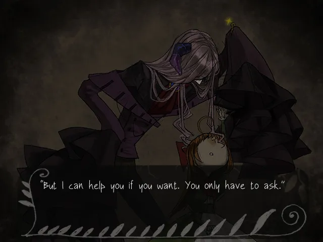 Fausts Alptraum screenshot: a pale-haired figure in dark clothes leans over the girl, saying But I can help you if you want, you only have to ask