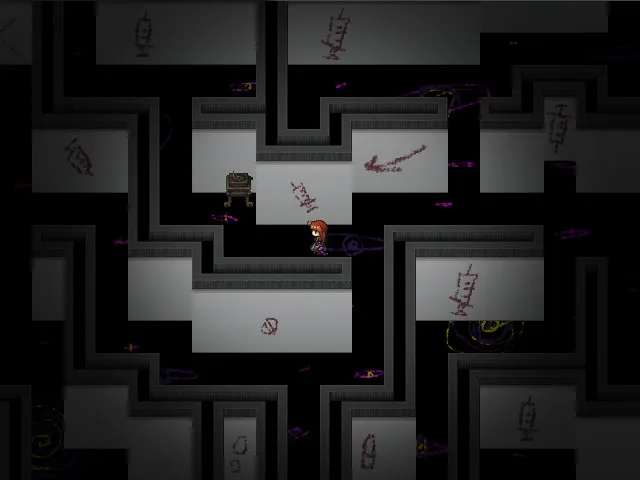 Fausts Alptraum screenshot: a top-down maze of white rooms marked with red scrawls and drawings, the girl standing in one corridor