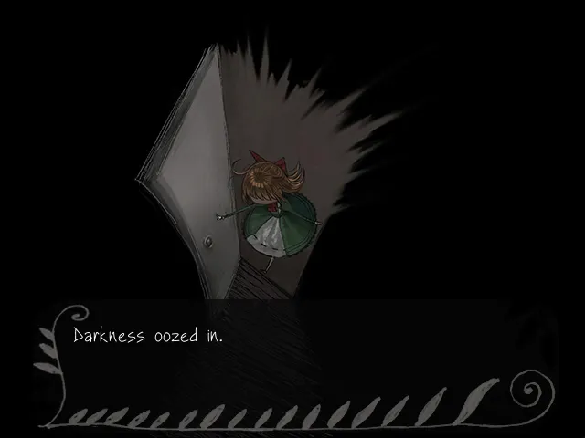 Fausts Alptraum screenshot: the girl seen from above at a doorway as black darkness spreads around it, with the text Darkness oozed in
