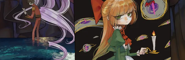 Fausts Alptraum key art: an orange-haired girl in a green dress holds a candle among crayon scribbles, beside a pale-haired figure in a red coat standing in water