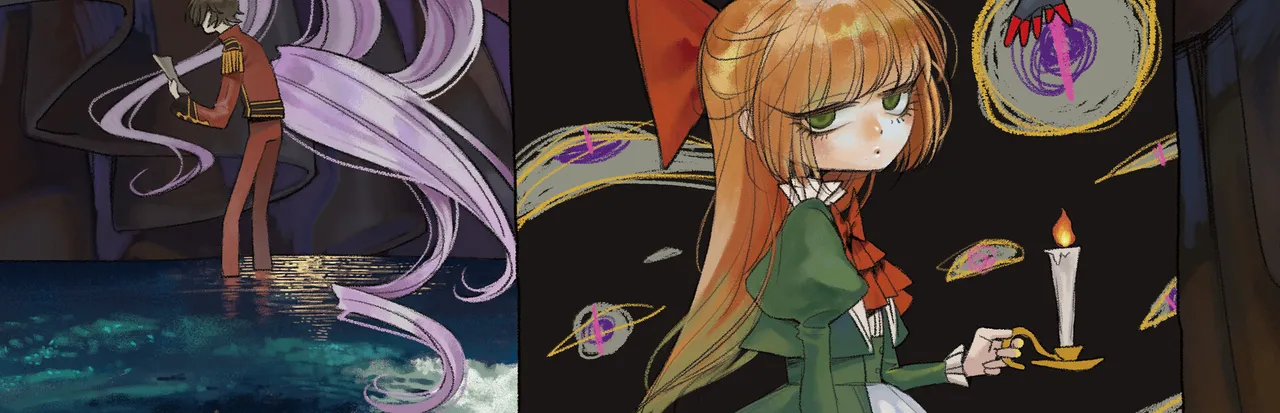 Fausts Alptraum key art: an orange-haired girl in a green dress holds a candle among crayon scribbles, beside a pale-haired figure in a red coat standing in water