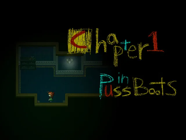 Fausts Alptraum screenshot: a small pixel girl in a dark blue room under the crayon title Chapter 1, Puss in Boots