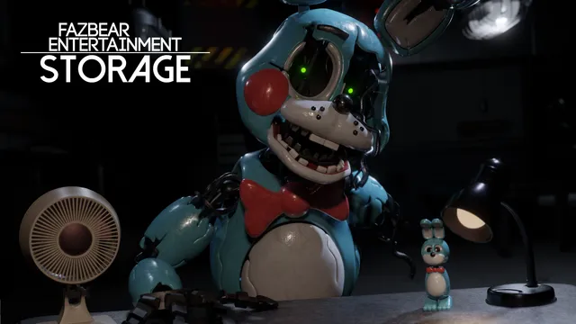 Fazbear Entertainment: Storage key art: a battered Toy Bonnie with a missing eye leans over a desk with a lamp, a fan and a small Bonnie figure