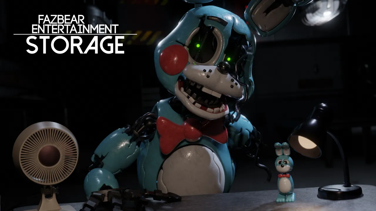 Fazbear Entertainment: Storage key art: a battered Toy Bonnie with a missing eye leans over a desk with a lamp, a fan and a small Bonnie figure