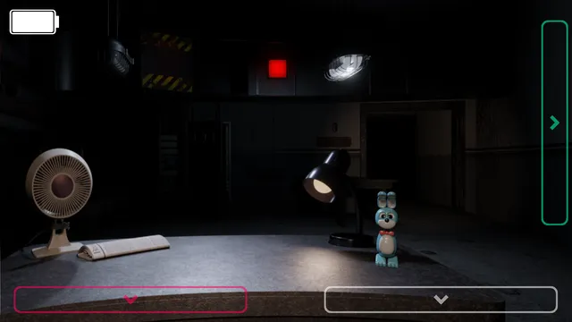 The dim office: a desk with a fan, lamp and Bonnie figure, a red light on the far wall and a battery meter in the corner