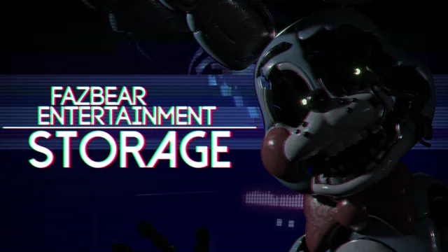 Fazbear Entertainment: Storage title art beside a close-up of Toy Bonnie's face in blue light