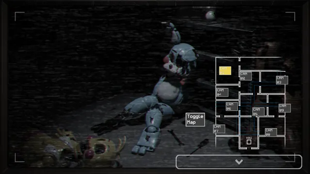A grainy camera feed of a broken Toy Bonnie and Toy Chica slumped on a storage floor, with the camera map in the corner