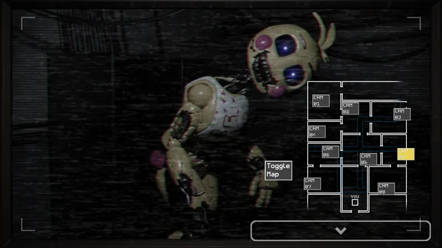 A camera feed of a withered Toy Chica with glowing eyes and a torn-apart body in a dark room