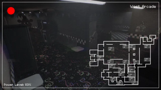 A security camera view of the West Arcade with the building map and Power Level 83% on screen