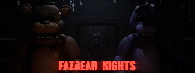 Fazbear Nights title art: Freddy and Bonnie looming in a dark room above the red title