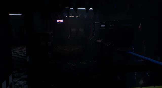 A dark dining room with party hats and bunting in the dim light