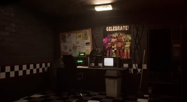 Freddy, Bonnie and Chica stand in the dark on the show stage of the new pizzeria