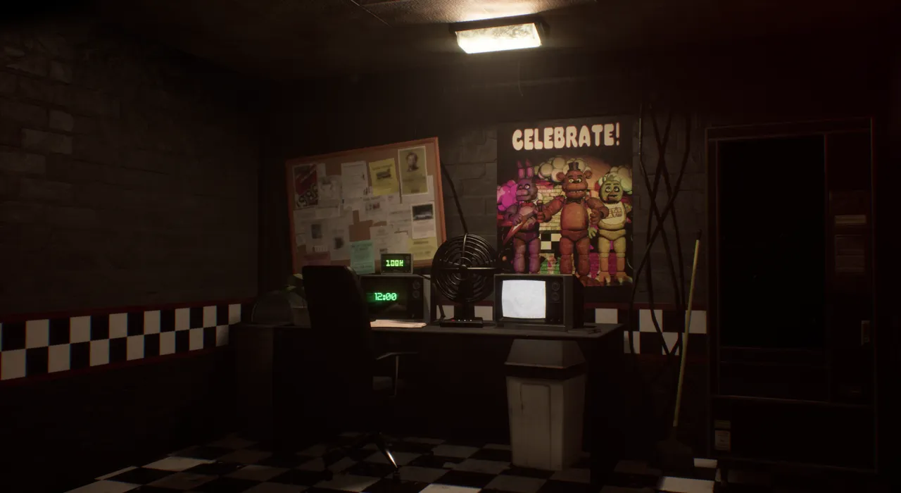Freddy, Bonnie and Chica stand in the dark on the show stage of the new pizzeria