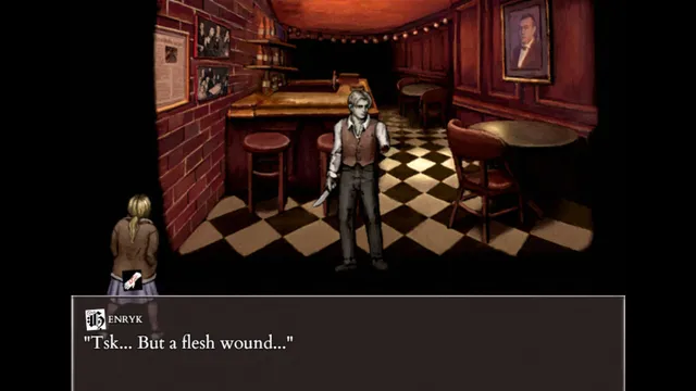 Fear & Hunger 2: Termina screenshot: a man with a knife in a red-walled bar says it is but a flesh wound