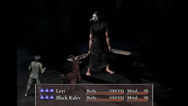 Fear & Hunger 2: Termina screenshot: a tall masked figure with a blade stands over two characters in a dark battle