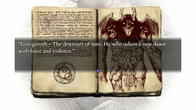 Fear & Hunger 2: Termina screenshot: an old book describing Gro-goroth, the destroyer of men, beside a horned figure