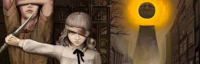 Fear & Hunger 2: Termina key art: a bandaged girl with a knife beneath a grinning yellow moon over a dark town