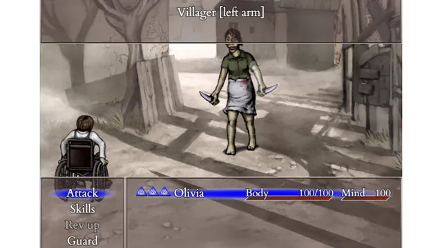 Fear & Hunger 2: Termina screenshot: a girl in a wheelchair faces a knife-wielding villager in a turn-based fight