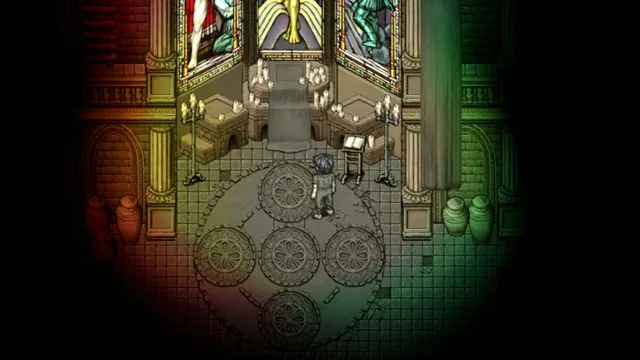Fear & Hunger 2: Termina screenshot: a character in a candlelit church before stained-glass windows
