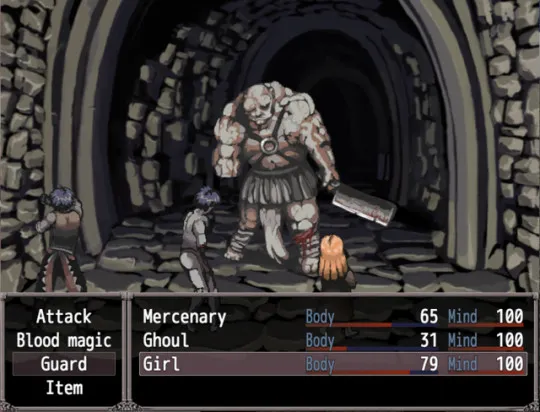 Fear & Hunger screenshot: a hulking butcher with a cleaver confronts a mercenary, a ghoul and a girl in a stone tunnel, in turn-based battle