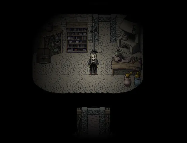 Fear & Hunger screenshot: a pale figure in a dark, pixel-art dungeon room lit by a single lamp