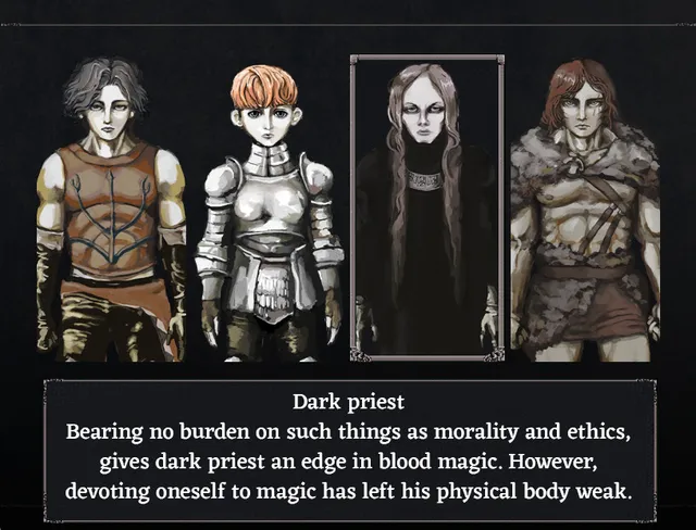 Fear & Hunger screenshot: the four playable adventurers, with the dark priest selected
