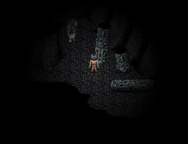Fear & Hunger screenshot: a character walks past carved stone idols in a pitch-dark cave
