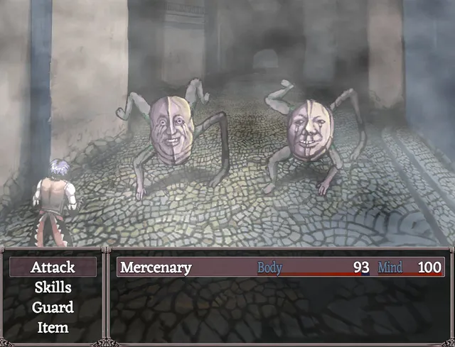 Fear & Hunger screenshot: two spider-legged creatures with human faces face the mercenary on a foggy cobbled floor