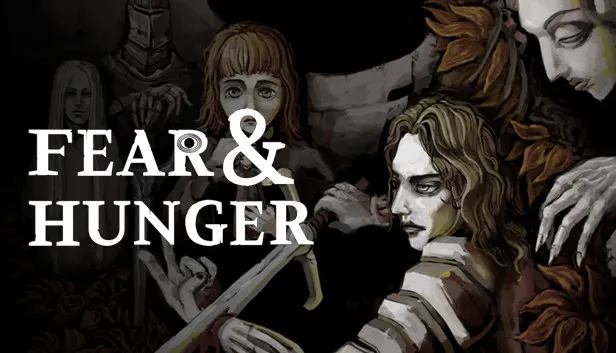 Fear & Hunger key art: the painted faces of pale adventurers and a dark knight behind the game's title