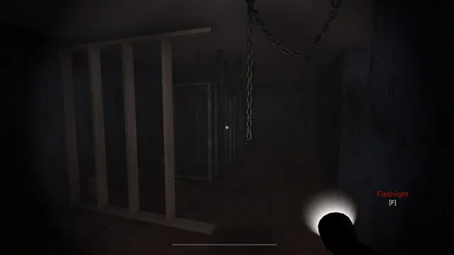 Fear the Moon screenshot: a flashlight beam shows a dark room with empty wooden frames, wire cages, hanging chains and blood on the wall