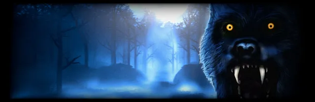 Fear the Moon key art: a snarling wolf-like beast with yellow eyes and long fangs looms beside a misty blue forest under a bright moon