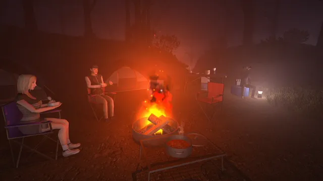 Fear the Moon screenshot: three friends sit in camp chairs around a campfire among tents in the woods at night