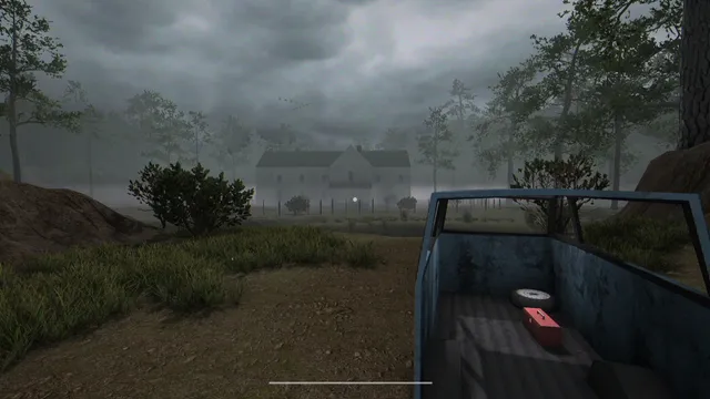 Fear the Moon screenshot: a farmhouse half hidden in fog across a field, seen past the back of a blue pickup truck under a grey sky