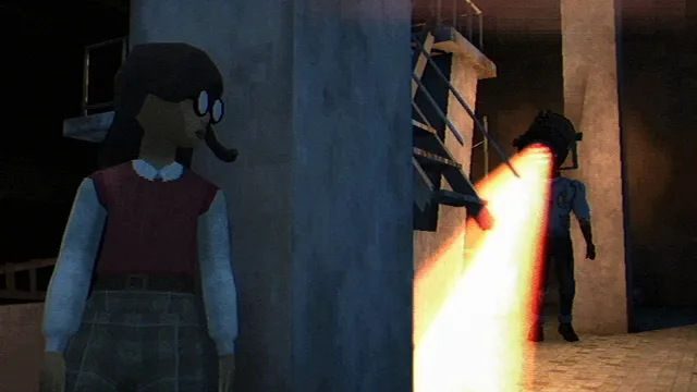 Fear the Spotlight screenshot: a girl in glasses hides behind a pillar as a figure with a glowing spotlight for a head walks past