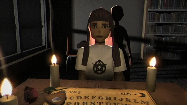 Fear the Spotlight screenshot: a girl in a pentagram T-shirt sits at a ouija board between candles in a dark library, a shadow behind her