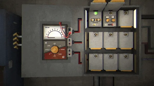 Fear the Spotlight screenshot: a close-up puzzle of an electrical panel with fuses and a needle meter