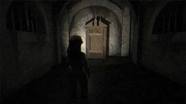 Fear the Spotlight screenshot: a student walks a dark stone tunnel toward an ornate door