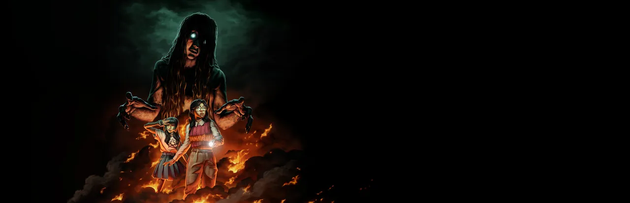 Fear the Spotlight art: a shadowy long-haired figure with glowing eyes looms over two girls standing in flames