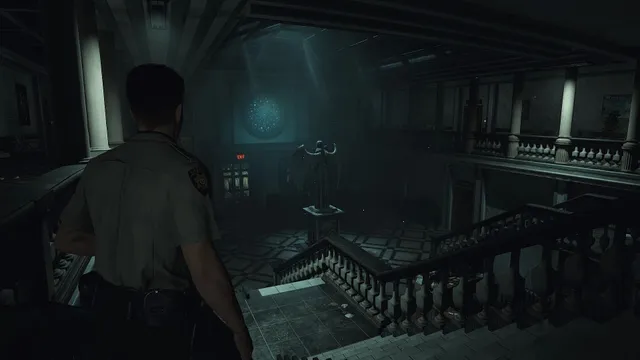 Fear The Timeloop screenshot: the sheriff, seen from behind, looks down into the dark lobby of Saint Heritage Hospital with its grand staircase and balconies