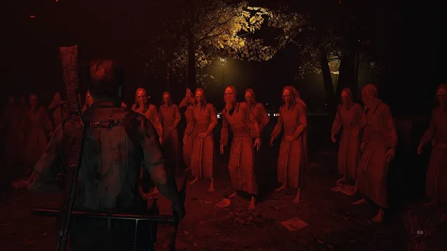 Fear The Timeloop screenshot: the sheriff faces a crowd of pale robed figures in a red-lit wood at night