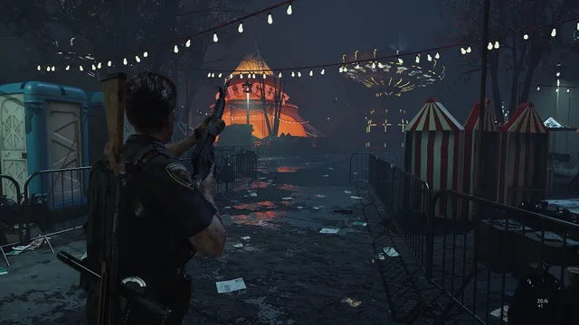 Fear The Timeloop screenshot: a deputy aims a rifle across a deserted night-time fairground with striped tents and string lights