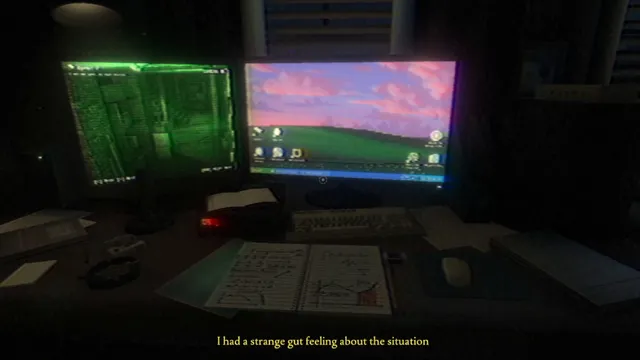 Fears to Fathom - Carson House screenshot: a green night-vision camera feed looking through a doorway into the kitchen