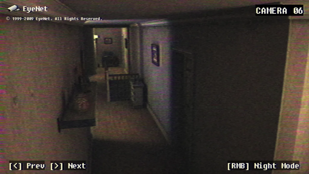 Fears to Fathom - Carson House screenshot: a grainy security camera feed of a dark hallway labelled Camera 06