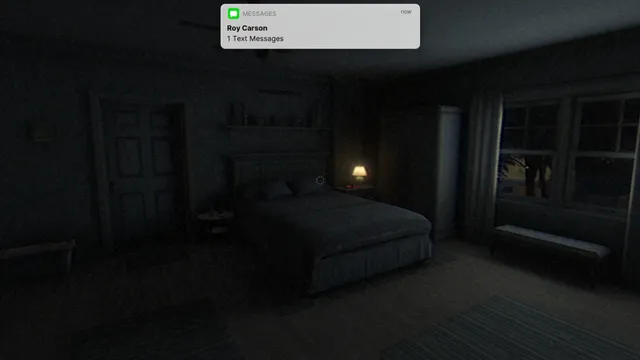 Fears to Fathom - Carson House screenshot: a dark bedroom in the house as a text from Roy Carson arrives