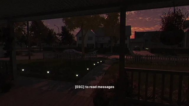 Fears to Fathom - Home Alone screenshot: the front porch at dusk, lights lining the path, with a prompt to read messages