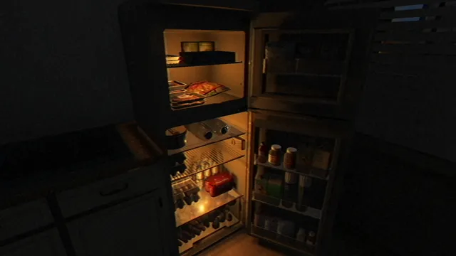 Fears to Fathom - Home Alone screenshot: an open fridge glowing in a dark kitchen
