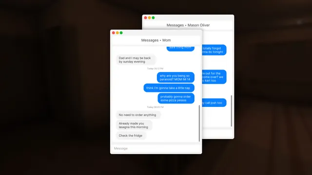 Fears to Fathom - Home Alone screenshot: text messages from Mom about lasagna in the fridge and from a friend