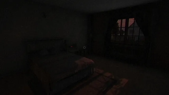 Fears to Fathom - Home Alone screenshot: a dark bedroom with a curtained window looking out at a house across the street